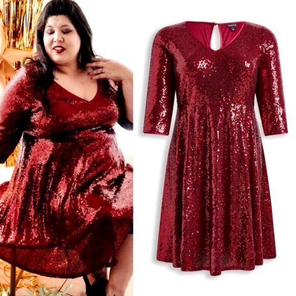 Torrid Mini Sequins Holiday Skater Dress in Burgundy | 1X - Picture 1 of 9